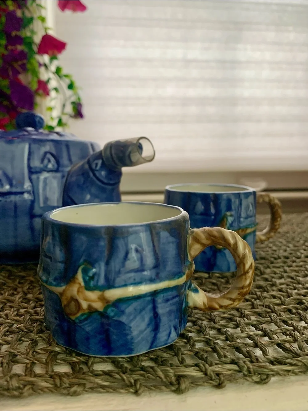 Chinese Miniature Blue Nautical & Rope Handle Ceramic Design Teapot and Cup Set